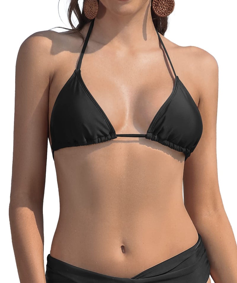 SHEKINI Women's Triangle Bikini Top Padded Halter Swimsuit Tops Tie String Bathing Suit Top(Small, Black - Top) - Image 1